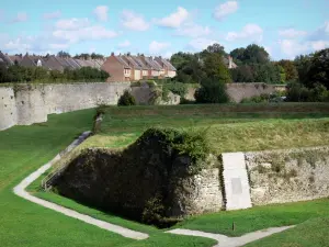 Bergues - Muren (vestingwerken, zwangere), huizen van de ommuurde stad, kleine halve maan en bomen