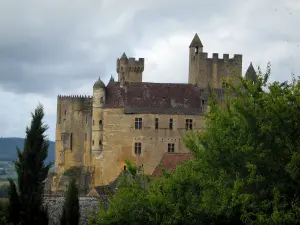 Beynac-et-Cazenac - Castelo, árvores e céu nublado, no vale do Dordogne, no Périgord