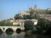 Béziers - Catedral de Saint Nazaire, casas de estilo gótico que domina la ciudad, el Puente Viejo y el río Orb, árboles de ribera