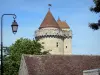 Blandy - Bergfried der mittelalterlichen Burg, Strassenlaterne und Dach eines Hauses