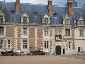 Blois - Facade of the Château and carriages hitched to white horses