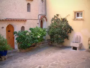 Bormes-les-Mimosas - Façades de maisons et petite place agrémentée d'une petite fontaine et de plantes