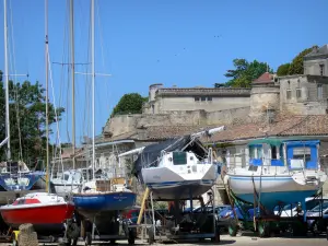 Bourg - Boat in the port of Bourg at the foot of the citadel of the castle 