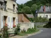 Bourguignon-sous-Montbavin - Banc bordé de rosiers en fleurs, rue et maisons du village