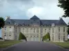 Brienne-le-Château - Château avec son allée bordée de pelouses et de cyprès taillés, oiseaux en plein vol