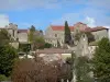 Bruniquel - Kastelen (kasteel jong en oud kasteel), het belfort klok, bomen en huizen van het middeleeuwse dorp