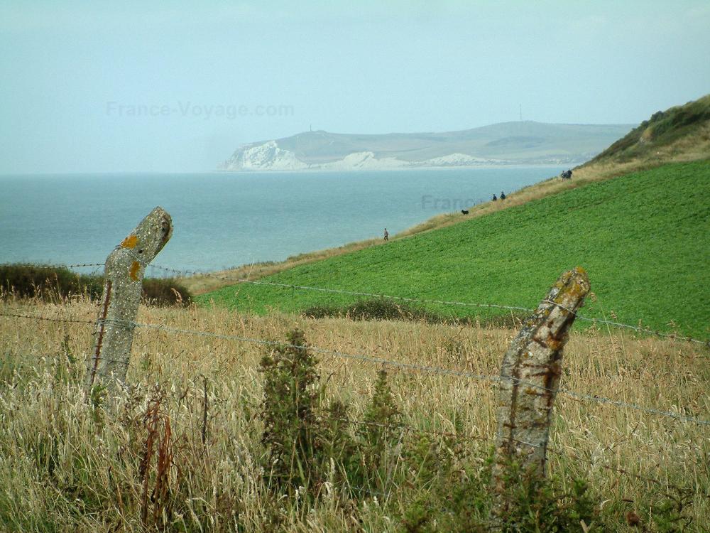 Guide du Pas-de-Calais - Cap Blanc-Nez - Côte d'Opale : barrière barbelée, végétation, herbage, mer et cap Blanc-Nez en arrière-plan (Parc Naturel Régional des Caps et Marais d'Opale)