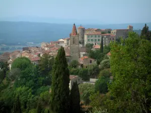 Callian - Arbres, clocher de l'église, château et maisons du village perché