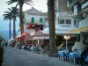 Calvi - Caminhe com palmeiras, terraços de restaurantes e casas da marinha