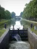 Canal de Bourgogne - Écluse n°7 de Chailly et canal bordé d'arbres