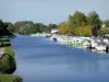 Canal da Borgonha - Barcos na marina de Brienon-sur-Armançon e o canal da Borgonha ladeado por árvores