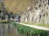 Canal du Midi - Promeneurs sur le chemin de halage, entre voie d'eau et platanes