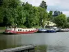 Canal du Nivernais - Haven van Chatillon-en-Bazois met afgemeerde schepen, groen, en een deel van het kasteel van Châtillon-en-Bazois achtergrond