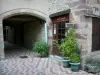 La Canourgue - Porch, de voorkant van een sculptuur studio, en struiken in potten