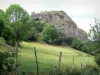 Cantal Landschaften - Regionaler Naturpark der Vulkane der Auvergne: Blick auf den Bredons-Felsen, umgeben von Bäumen und Weiden