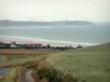 Cap Gris-Nez - Côte d'Opale : bordure de route, champs, maisons, plage de sable, mer et cap Gris-Nez en arrière-plan (Parc Naturel Régional des Caps et Marais d'Opale)