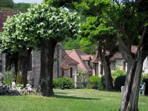 Carennac - Öffentlicher Garten, geschmückt mit Bäumen mit Blick auf die Häuser aus Stein des Dorfes, im Quercy