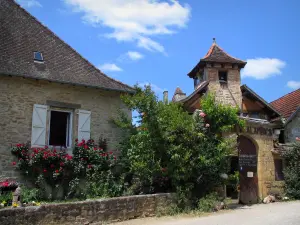 Carennaque - Entrada do museu de alambiques, arbustos e casas da aldeia, em Quercy