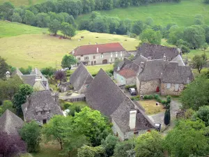 Carlat rock - View of the village, its houses and its verdant surroundings from the basaltic table of Carlat