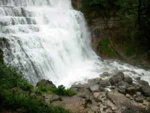 Cascadas del Hérisson - Gama de la cascada (cascada), rocas y arbustos