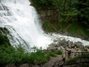 Cascadas del Hérisson - Gama de la cascada (cascada), trayectoria, rocas y arbustos