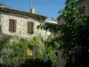 Castellet - Árvore em primeiro plano e casa de pedra, adornada com plantas trepadeiras