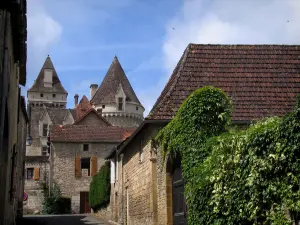Castello di Les Milandes - Case e castello sullo sfondo, nella valle della Dordogna, nel Périgord