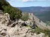 Il castello di Peyrepertuse - Castello di Peyrepertuse: Mura merlate della rocca che si affaccia sul lussureggiante paesaggio circostante di Corbières