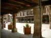 Castelnau-de-Montmiral - Sous les couverts avec vue sur les fleurs et les plantes en pots, la place de la Mairie (place des Arcades), le puits, la terrasse de café et les maisons à pans de bois