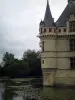 Castelo de Azay-le-Rideau - Torre de esquina do castelo renascentista, rio (Indre) com nenúfares e árvores do parque