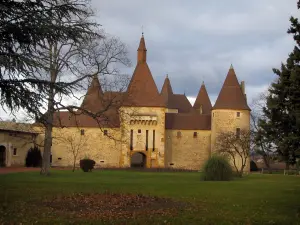 Castelo de Corcelles - Castelo, gramado, árvores e céu tempestuoso, em Pays Beaujolais