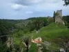 Castelo Crozant - Ruínas (restos) da fortaleza com vista para o rio, árvores e céu com nuvens