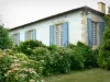 Castelo de Gaujacq - Hortênsias em flor e fachada com portadas azuis da casa senhorial