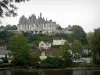 Castelo de Montigny-le-Gannelon - Loir Valley: castelo com vista para as casas da aldeia, árvores à beira da água, rio Loir