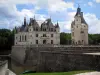 Castillo de Chenonceau - Castillo renacentista (Château des Dames), Marcas de giro (mantener), los fosos y las nubes en el cielo azul