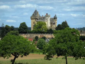 Castillo de Montfort - Castillo, casas de pueblo, los árboles y el cielo nublado, en el valle de la Dordogne, en Périgord