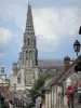 Cathédrale de Sées - Clocher et flèche de la cathédrale Notre-Dame de style gothique, et maisons de la ville de Sées