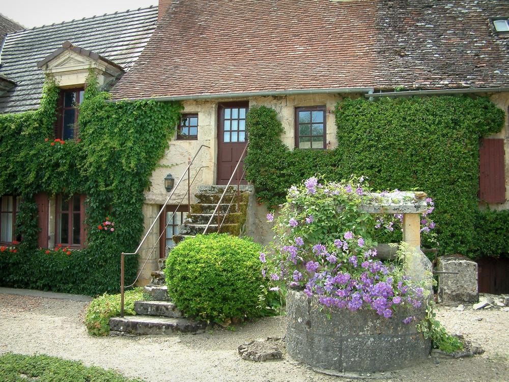 Guide du Centre-Val de Loire - Apremont-sur-Allier - Puits fleuri et maisons aux façades couvertes de plantes grimpantes