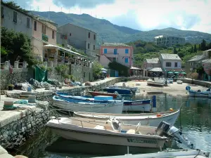 Centuri - Pequeno porto com barcos, docas e casas da aldeia (marinha)