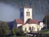 Cerdon - Église Saint-Jean-Baptiste entourée d'arbres ; dans le Haut-Bugey