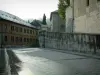 Chambéry - Place du Château avec jets d'eau, bâtiments, statue et escaliers menant au château des Ducs de Savoie