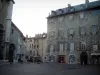 Chambéry - Place Métropole agrémentée d'arbustes en pots, cathédrale Saint-François-de-Sales, bâtiment et maisons de la vieille ville