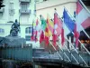 Chamonix - Зимний и летний спортивный курорт (столица альпинизма): выравнивание флагов и статуи, изображающей доктора Мишеля Паккарда