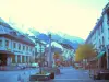 Chamonix-Mont-Blanc - Station de sports d'hiver et d'été (capitale de l'alpinisme) : fontaine, arbres et maisons de la ville avec vue sur le massif du Mont-Blanc