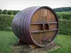 Champagne vineyards - Champagne vineyards: barrel, vineyards in background