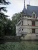 Château d'Azay-le-Rideau - Tourelles d'angle du château Renaissance, rivière (l'Indre) avec des nénuphars et arbres