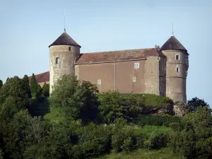Château de Belvoir - Tour de Madge-Fâ, ancien arsenal et donjon du château, et arbres