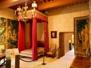 Château de Grignan - Intérieur du château : chambre de Tournon avec lit à baldaquin rouge et tapisseries