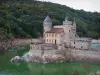 Château de la Roche - Château de style gothique, fleuve Loire et rive plantée d'arbres ; à Saint-Priest-la-Roche