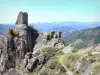 Château de Rochebonne - Ruines du château fort, sur la commune de Saint-Martin-de-Valamas, dans le Parc Naturel Régional des Monts d'Ardèche : tour perchée sur son piton rocheux avec panorama sur le paysage verdoyant environnant